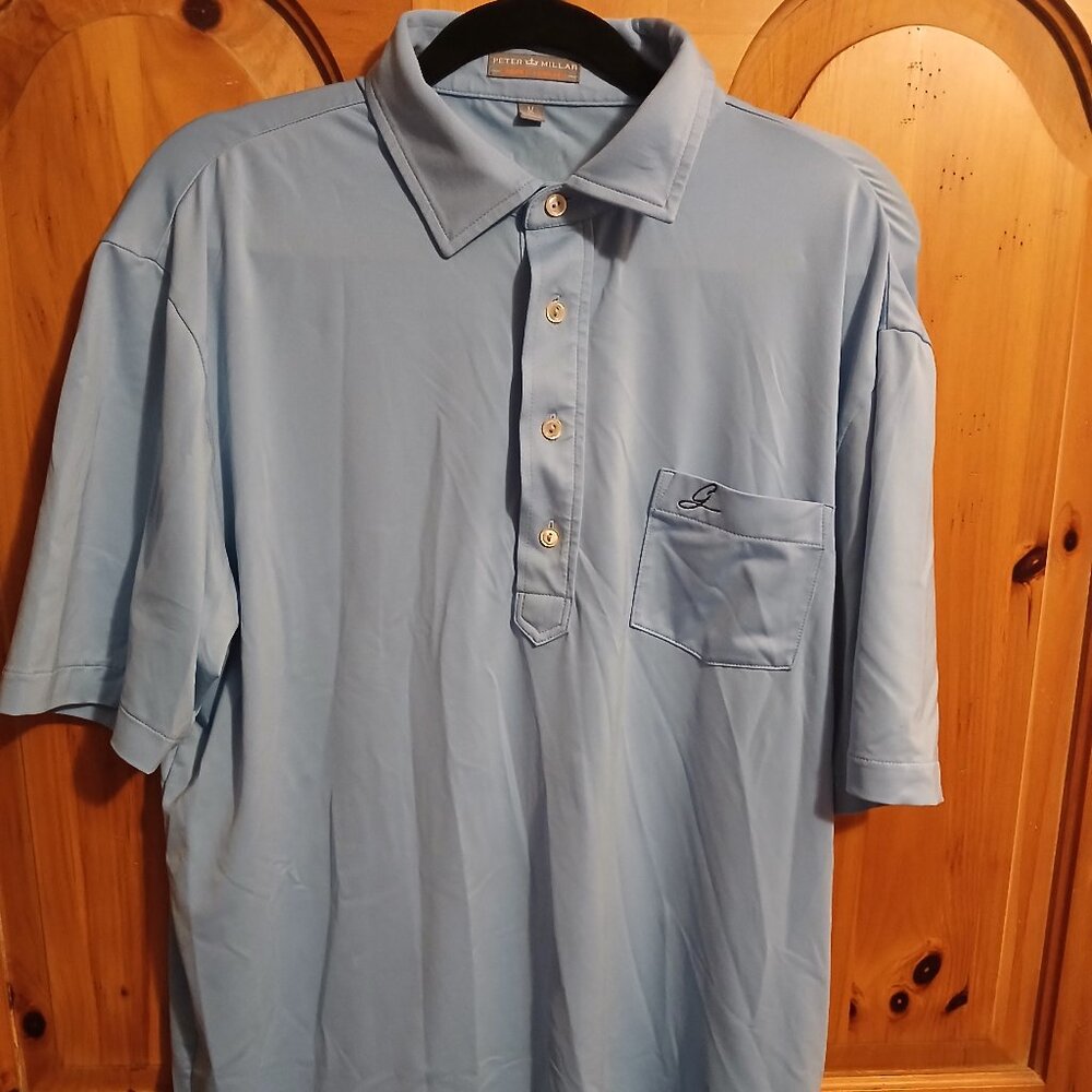 Peter Millar Summer Comfort Performance Men's Polo Medium Blue Pocket EUC